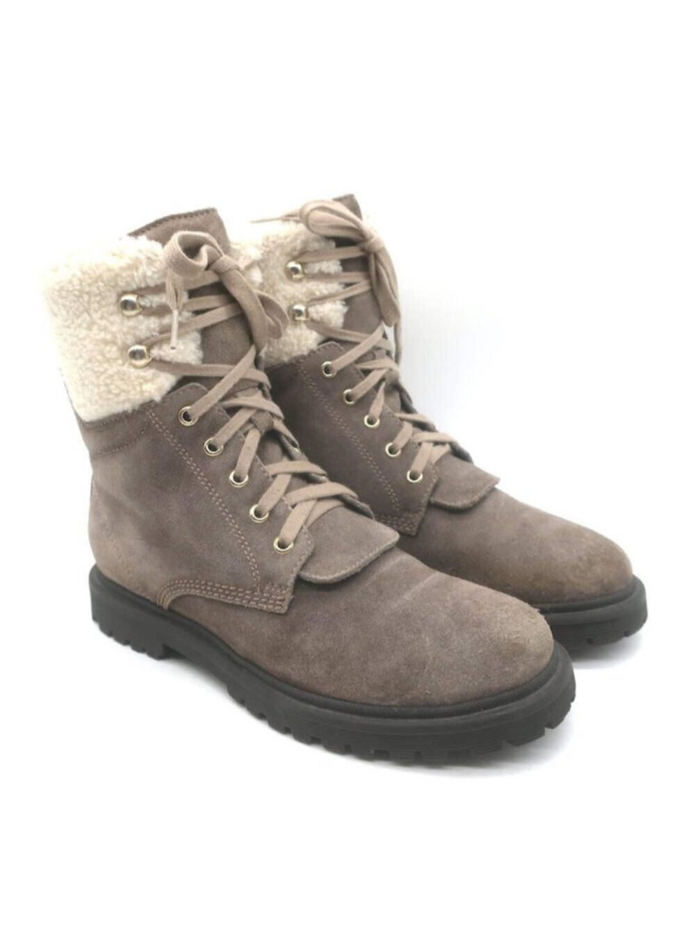 Moncler Patty Shearling Hiking Boots Taupe Gray Suede Size 36
